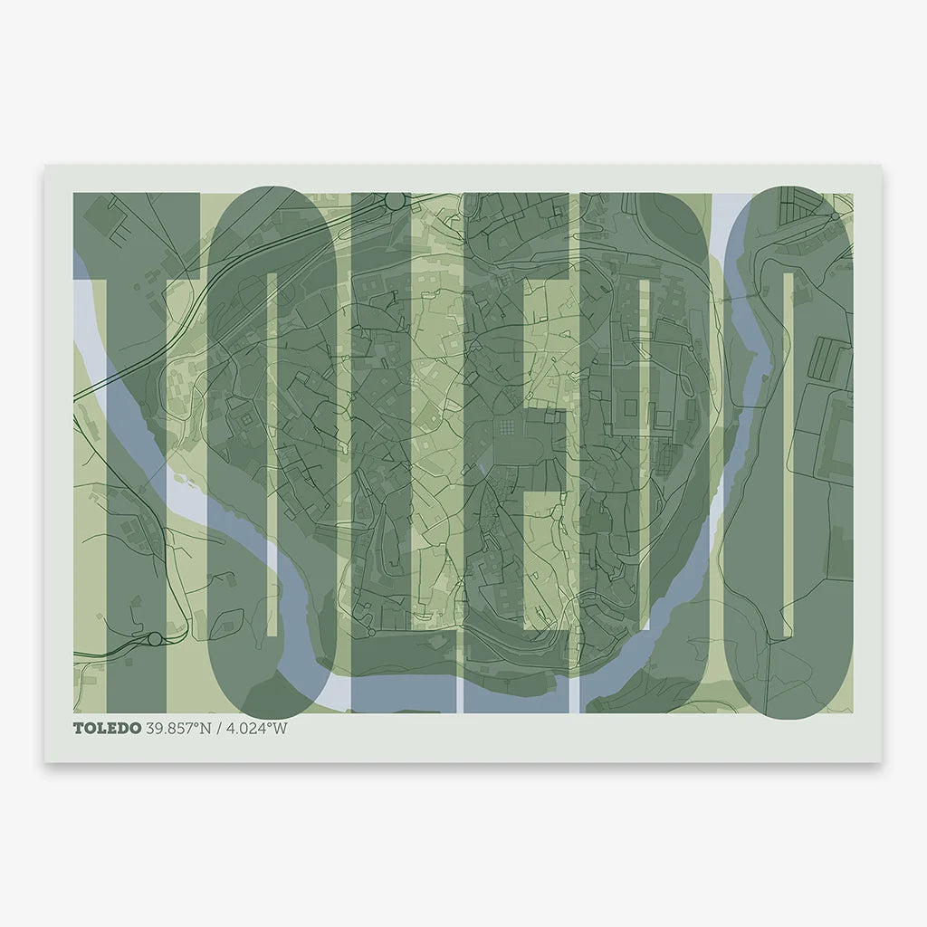 Decorative map of Toledo and letters of its name in a giclée print designed in two green tones