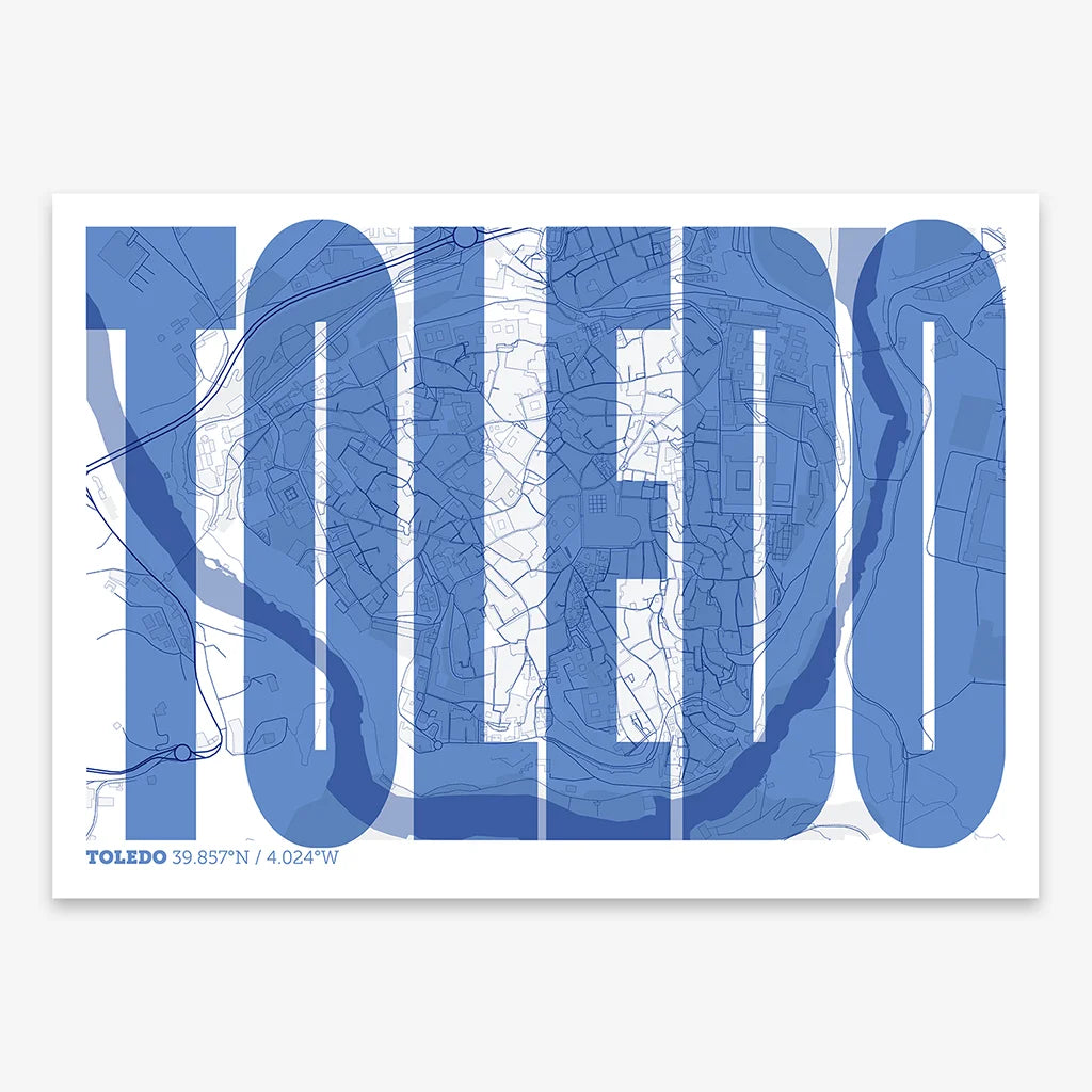 Decorative map of Toledo and letters of its name in a giclée print designed in navy blue and white