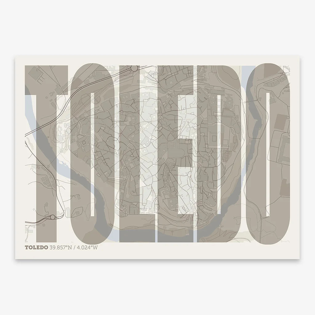 Decorative map of Toledo and letters of its name in a giclée print designed in light brown and an off-white background