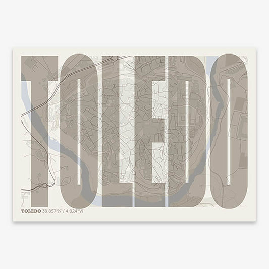 Decorative map of Toledo and letters of its name in a giclée print designed in light brown and an off-white background