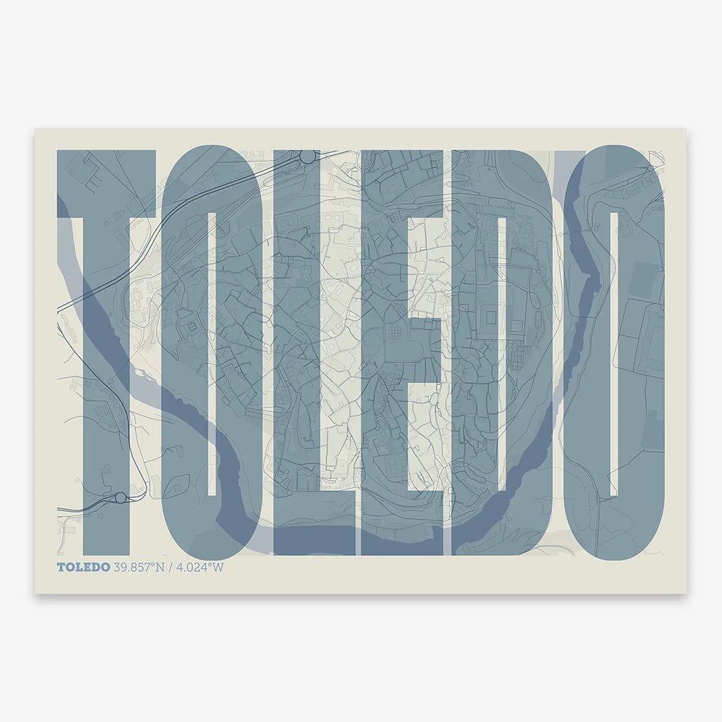 Decorative map of Toledo and letters of its name in a giclée print designed in bluish gray and an off-white background