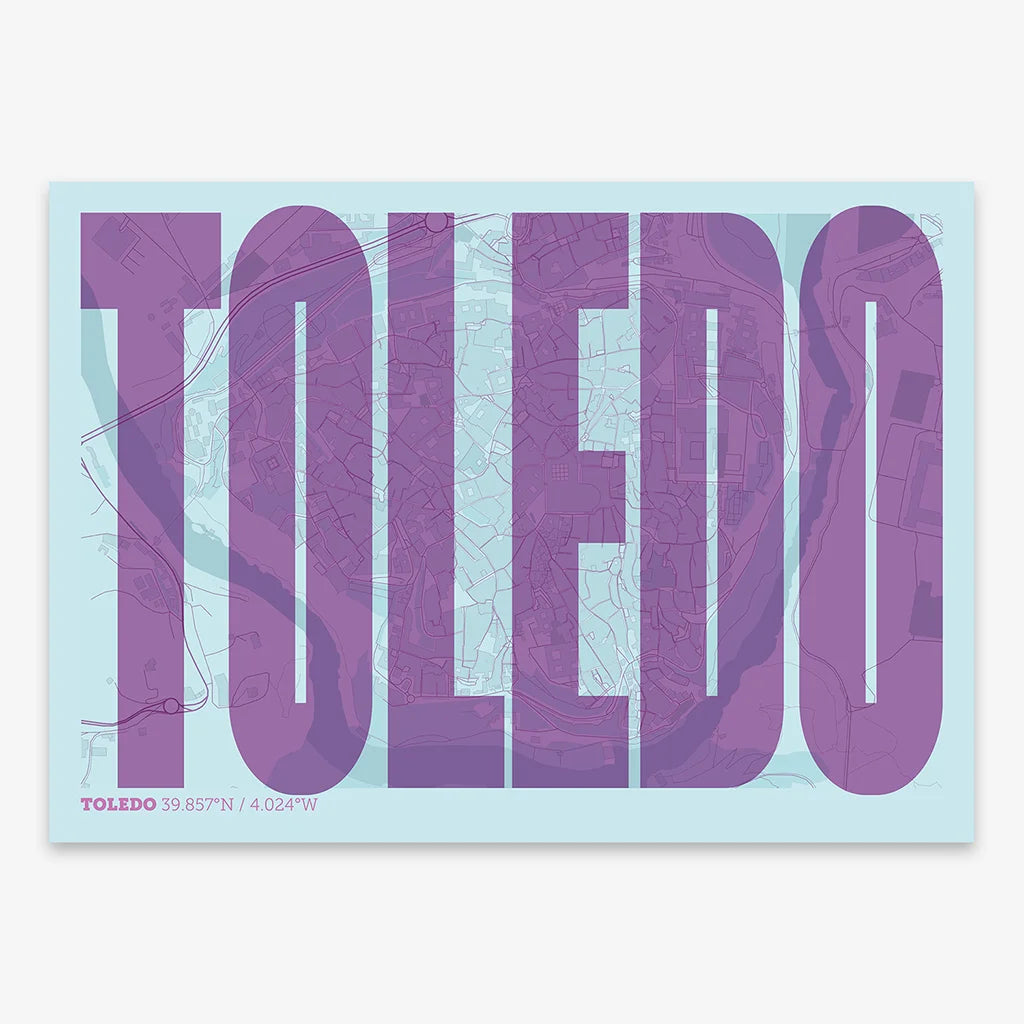 Decorative map of Toledo and letters of its name in a giclée print designed in purple and light blue