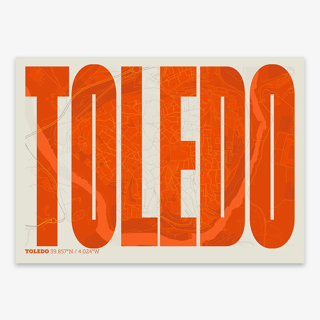 Decorative map of Toledo and letters of its name in a giclée print designed in orange and an off-white background