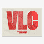 Decorative print of Valencia composed with letters in a heavy geometric font printed on red and an off-white background