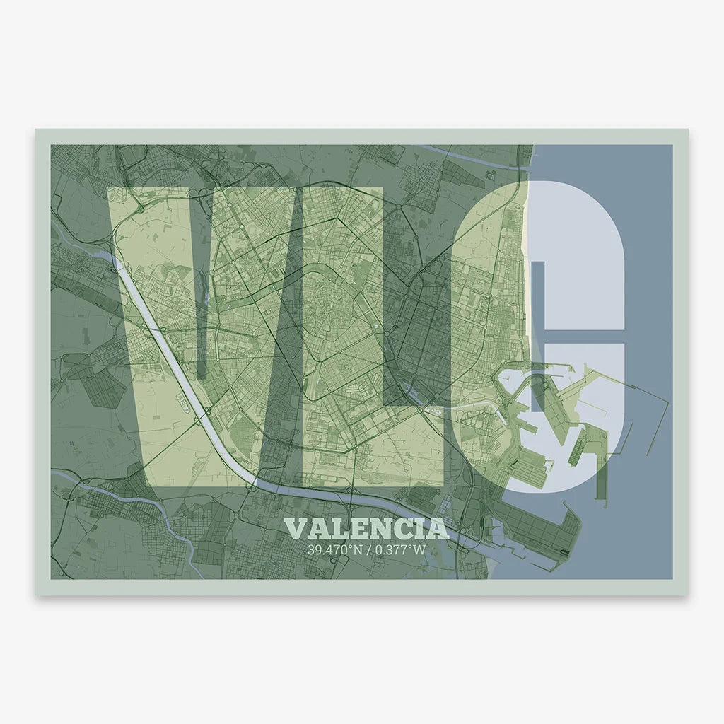 Decorative print of Valencia composed with letters in a heavy geometric font printed on two green tones