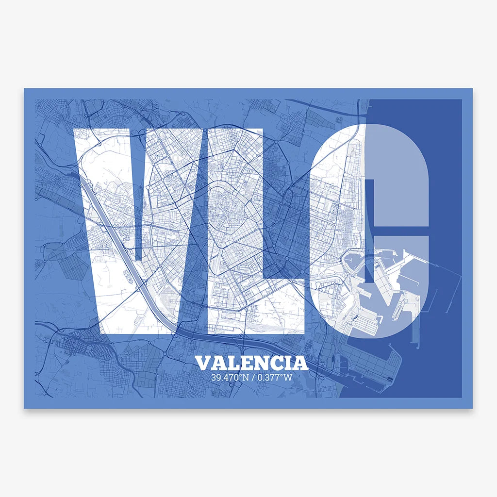 Decorative print of Valencia composed with letters in a heavy geometric font printed on navy blue and white