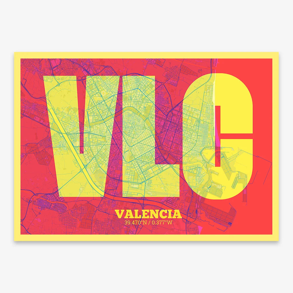 Decorative print of Valencia composed with letters in a heavy geometric font printed on yellow and fuchsia