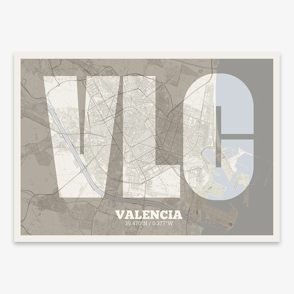 Decorative print of Valencia composed with letters in a heavy geometric font printed on light brown and an off-white background