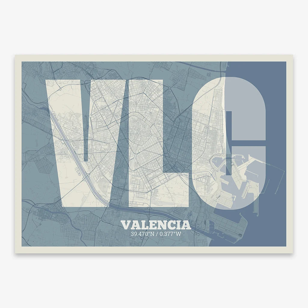 Decorative print of Valencia composed with letters in a heavy geometric font printed on bluish gray and an off-white background