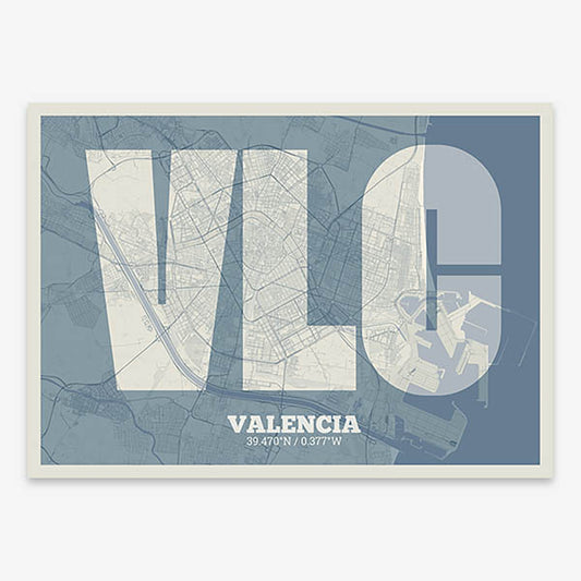 Decorative print of Valencia composed with letters in a heavy geometric font printed on bluish gray and an off-white background