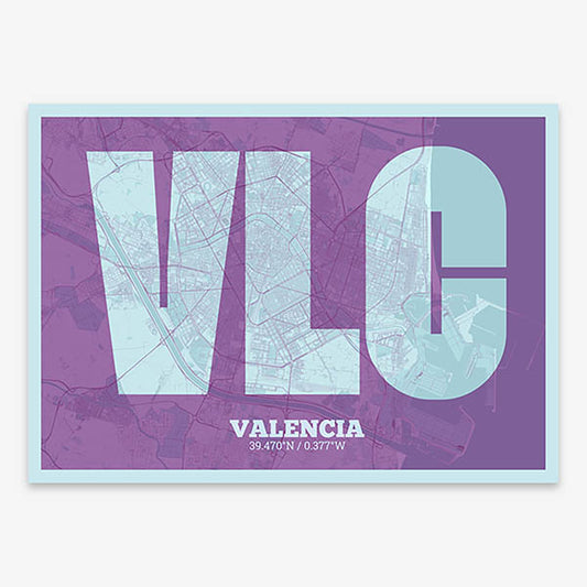 Decorative print of Valencia composed with letters in a heavy geometric font printed on purple and light blue