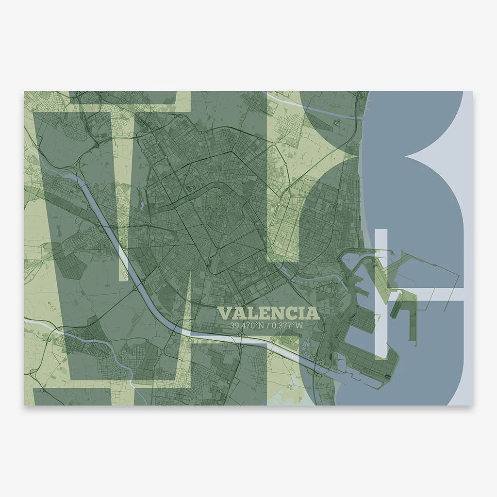 Poster of Valencia composed with letters from its abbreviation or its airport IATA code printed on two green tones