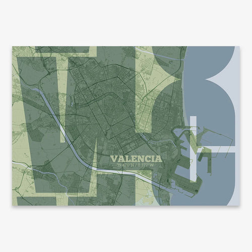 Mapa de Valencia en mi diseño la Inseparable, una visión artística con una tipografía expresiva que muestra la abreviatura del nombre sobre el mapa detallado diseñado en dos tonos de verde