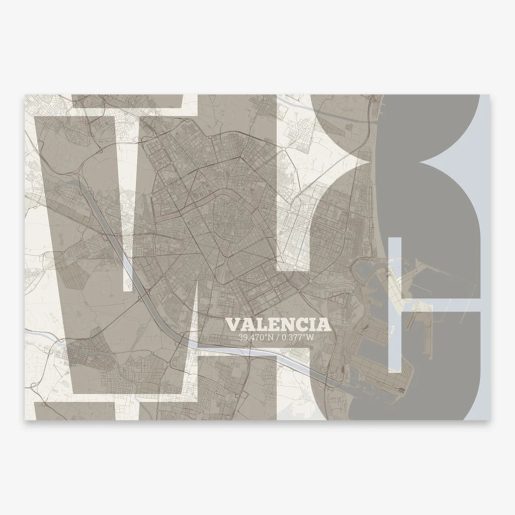 Poster of Valencia composed with letters from its abbreviation or its airport IATA code printed on light brown and an off-white background