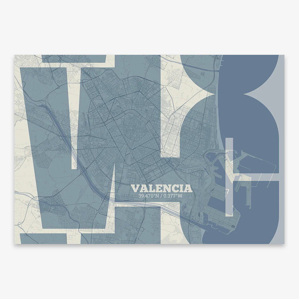 Poster of Valencia composed with letters from its abbreviation or its airport IATA code printed on bluish gray and an off-white background