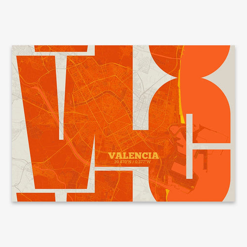 Mapa de Valencia en mi diseño la Inseparable, una visión artística con una tipografía expresiva que muestra la abreviatura del nombre sobre el mapa detallado diseñado en naranja y fondo blanco roto