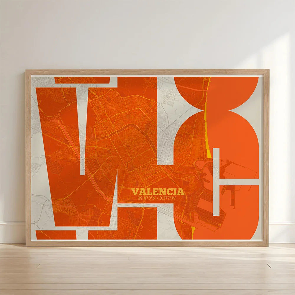 Póster artístico de Valencia con tipografía geométrica - Decoración personalizada
