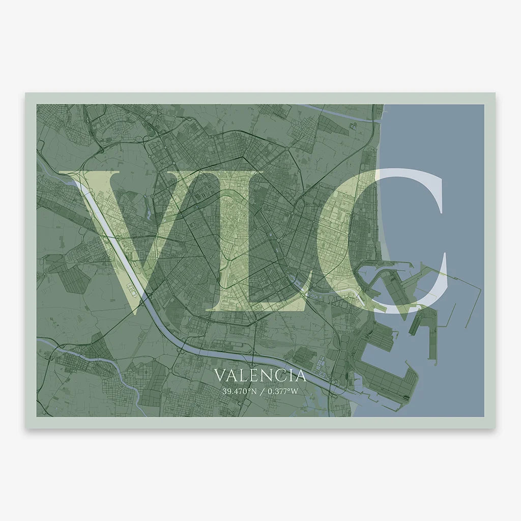 Decorative map of Valencia composed with letters in serif font printed on two green tones