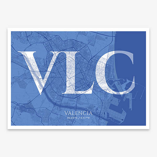 Decorative map of Valencia composed with letters in serif font printed on navy blue and white
