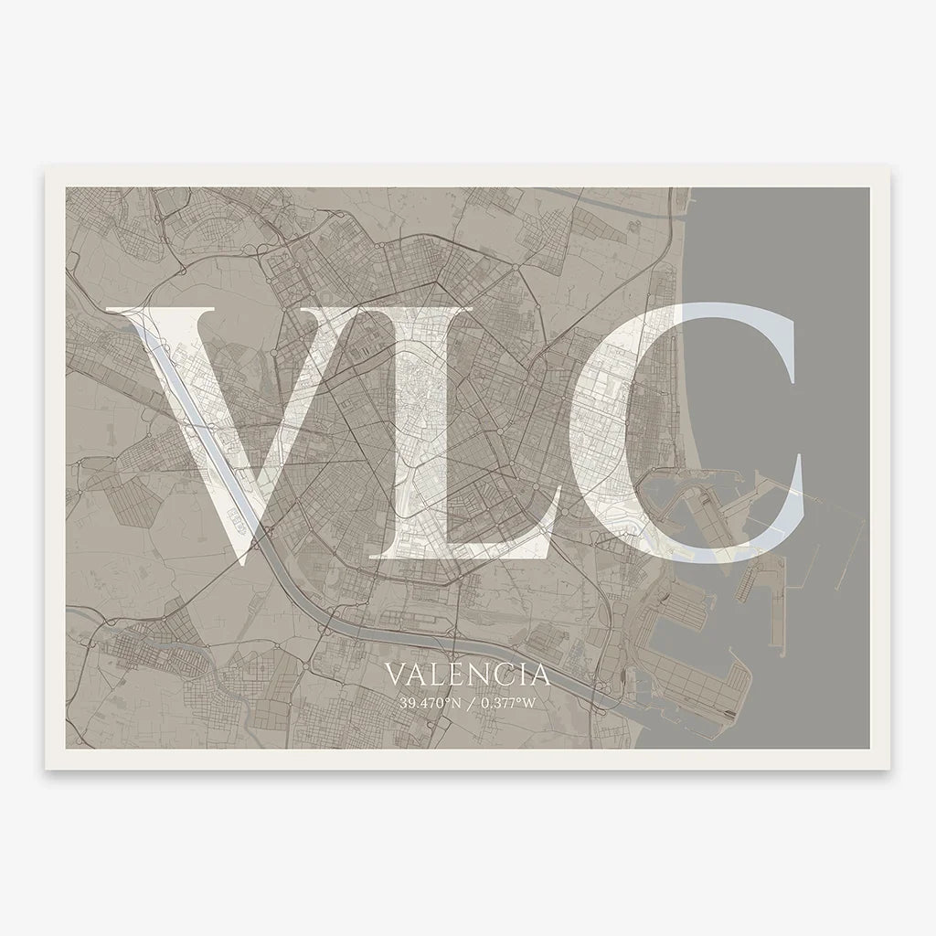 Decorative map of Valencia composed with letters in serif font printed on light brown and an off-white background