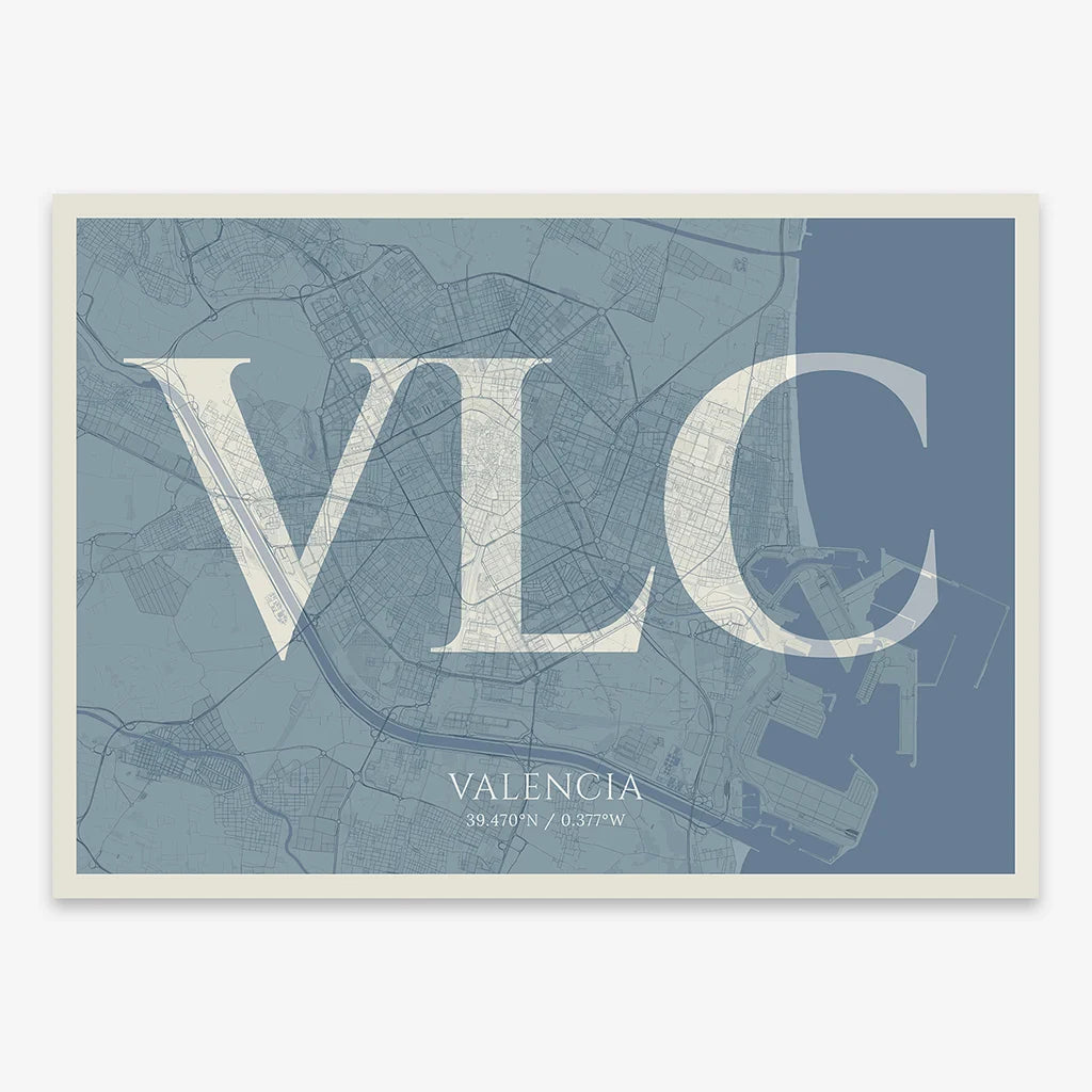 Decorative map of Valencia composed with letters in serif font printed on bluish gray and an off-white background