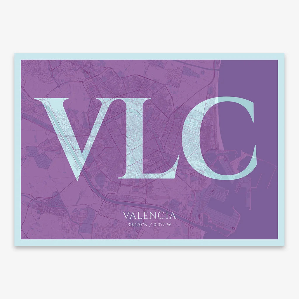 Decorative map of Valencia composed with letters in serif font printed on purple and light blue