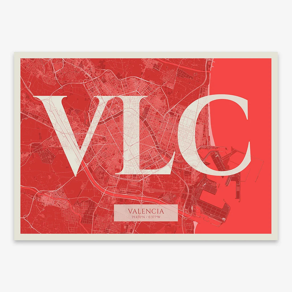 Decorative map of Valencia composed with letters in serif font printed on red and an off-white background