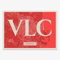 Decorative map of Valencia composed with letters in serif font printed on red and an off-white background