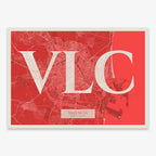 Decorative map of Valencia composed with letters in serif font printed on red and an off-white background