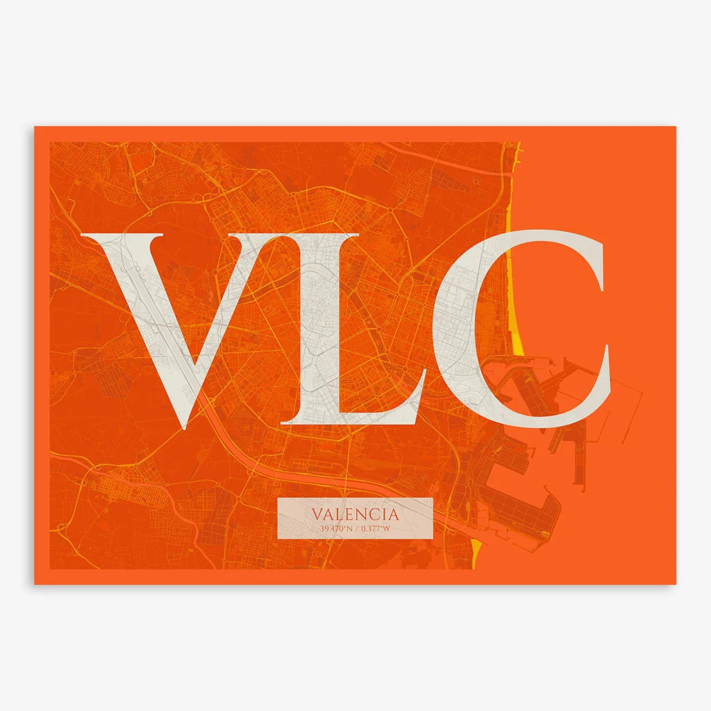 Decorative map of Valencia composed with letters in serif font printed on orange and an off-white background