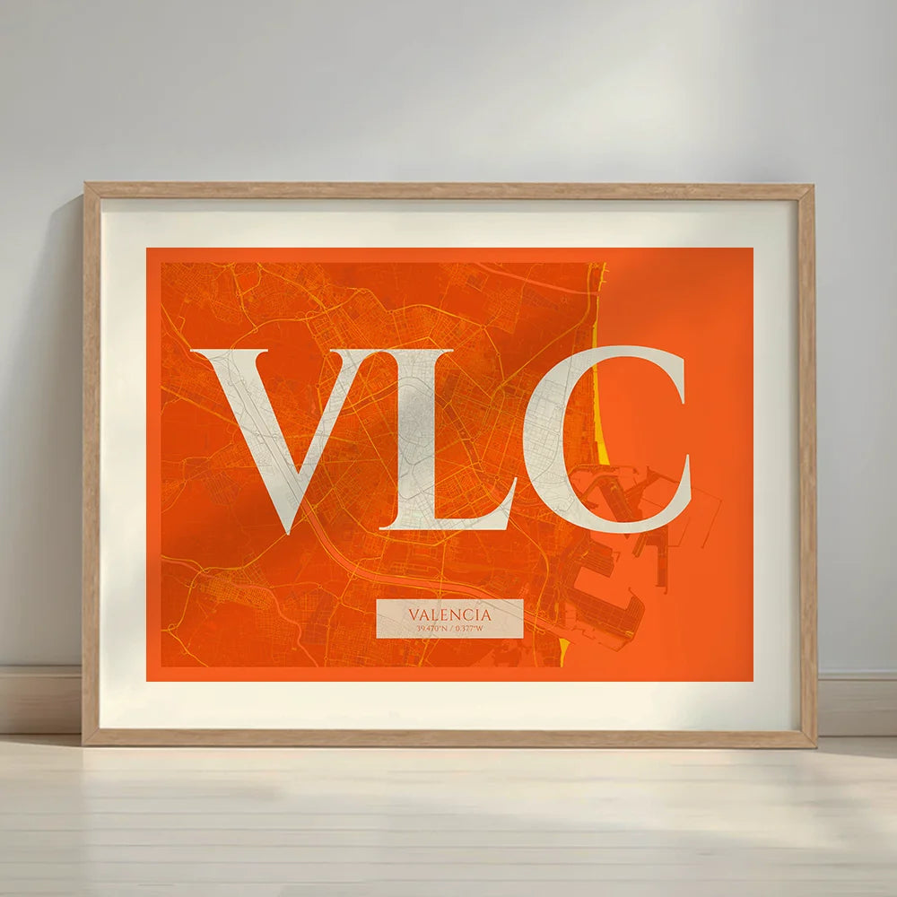 Framed Valencia in Classic design, inspired by chiseled typography with an elegant font that creates a beautiful visual contrast designed in orange and an off-white background with a white margin border in a warm lit minimalist setting
