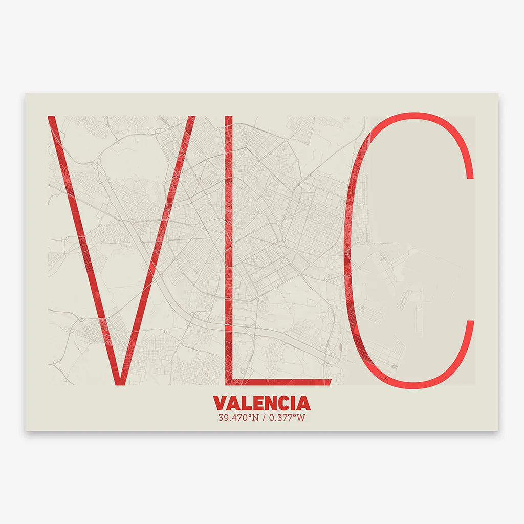 Poster of Valencia composed with letters in extra light font printed on red and an off-white background