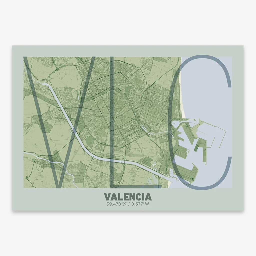 Poster of Valencia composed with letters in extra light font printed on two green tones