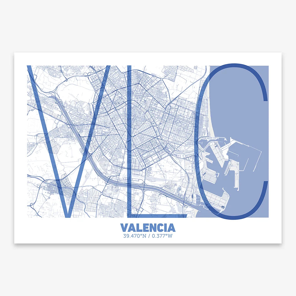 Poster of Valencia composed with letters in extra light font printed on navy blue and white