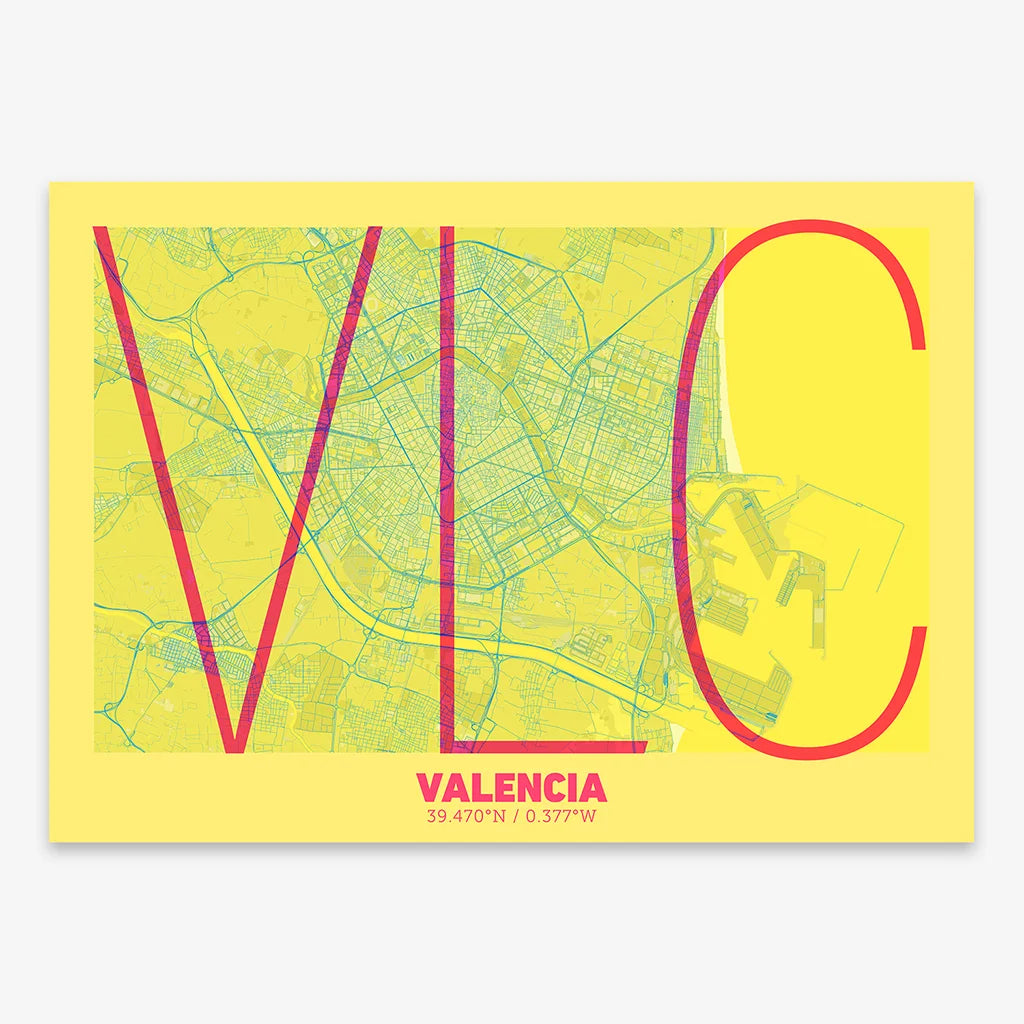 Poster of Valencia composed with letters in extra light font printed on yellow and fuchsia