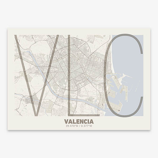 Poster of Valencia composed with letters in extra light font printed on light brown and an off-white background
