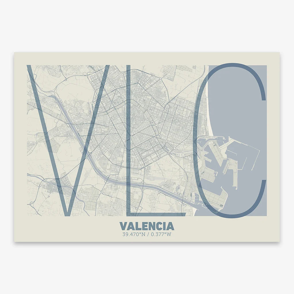 Poster of Valencia composed with letters in extra light font printed on bluish gray and an off-white background