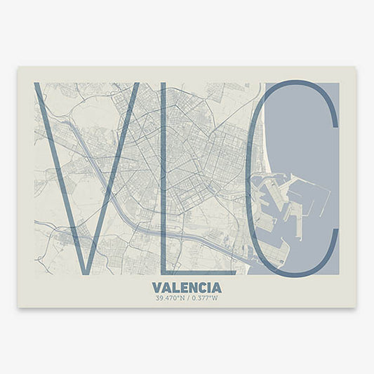 Poster of Valencia composed with letters in extra light font printed on bluish gray and an off-white background