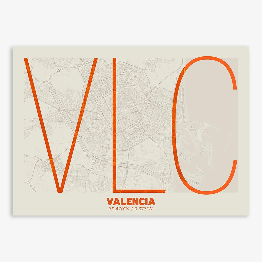 Poster of Valencia composed with letters in extra light font printed on orange and an off-white background