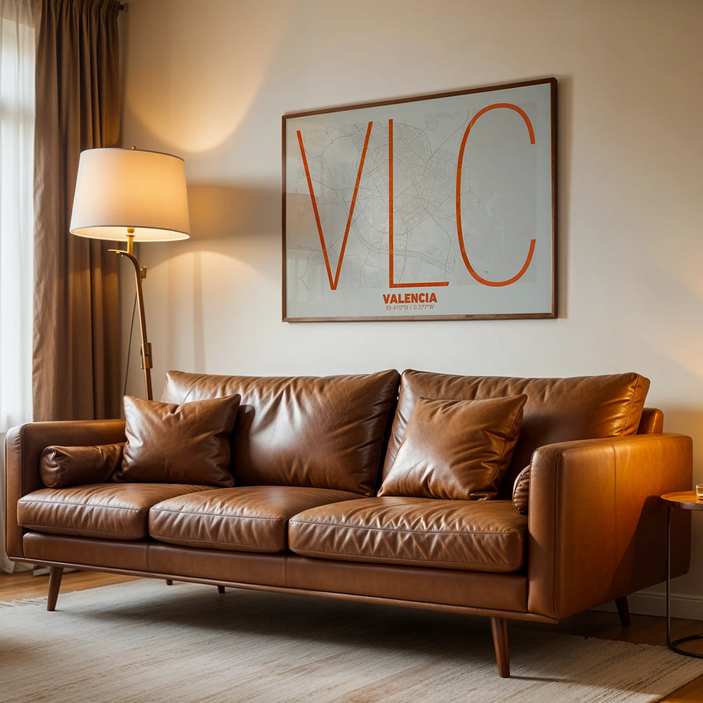 Diseño de interiores moderno con la lámina de Valencia en el diseño la Ultrafina, una estética minimalista que combina cartografía urbana con letras modernas, finas y elegantes diseñado en naranja y fondo blanco roto, expuesto en la pared de un salón