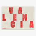 Decorative print of Valencia with letters of its name placed randomly, designed in red and an off-white background