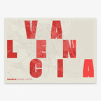 Decorative print of Valencia with letters of its name placed randomly, designed in red and an off-white background