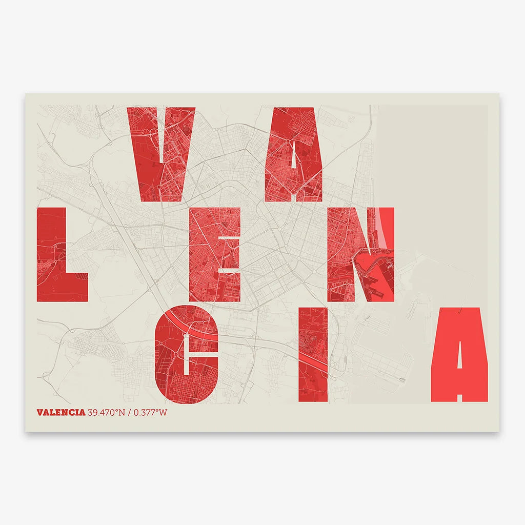 Decorative print of Valencia with letters of its name placed randomly, designed in red and an off-white background