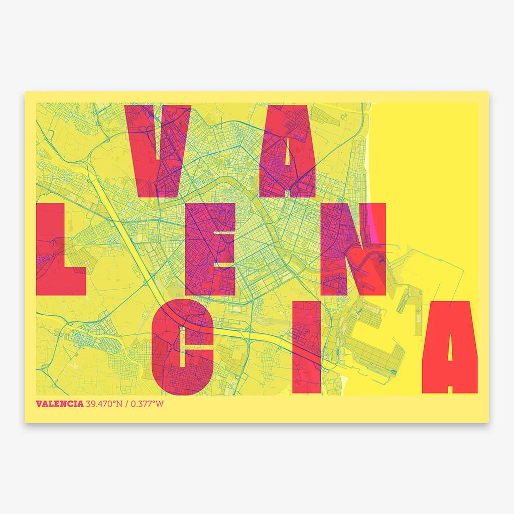 Decorative print of Valencia with letters of its name placed randomly, designed in yellow and fuchsia