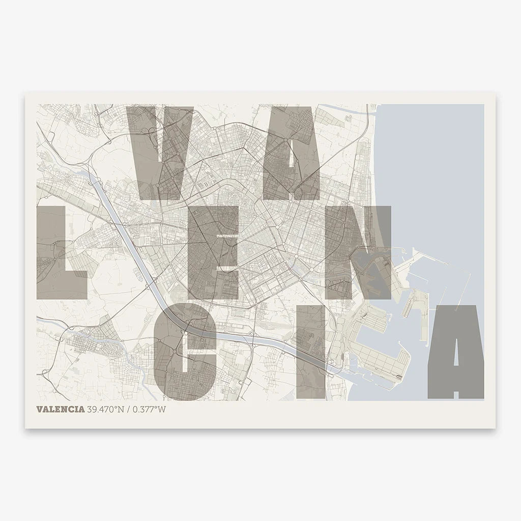Decorative print of Valencia with letters of its name placed randomly, designed in light brown and an off-white background