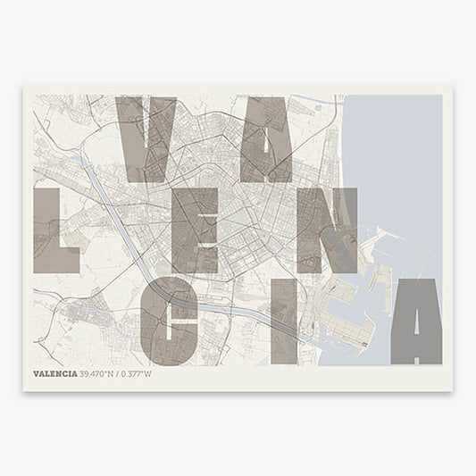 Decorative print of Valencia with letters of its name placed randomly, designed in light brown and an off-white background