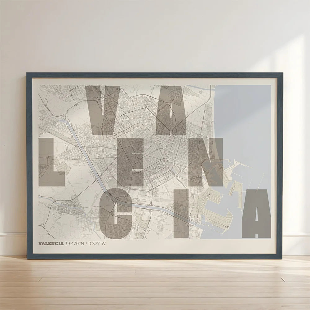 Lámina creativa de Valencia – Diseño gráfico y tipografía sobre mapa