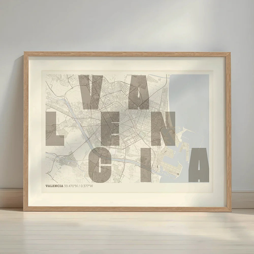 Framed Valencia in Unruled design, where the city name letters appear randomly across different lines for a truly original urban layout designed in light brown and an off-white background with a white margin border in a warm lit minimalist setting