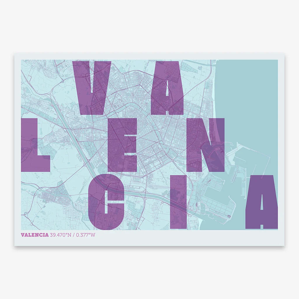 Decorative print of Valencia with letters of its name placed randomly, designed in purple and light blue