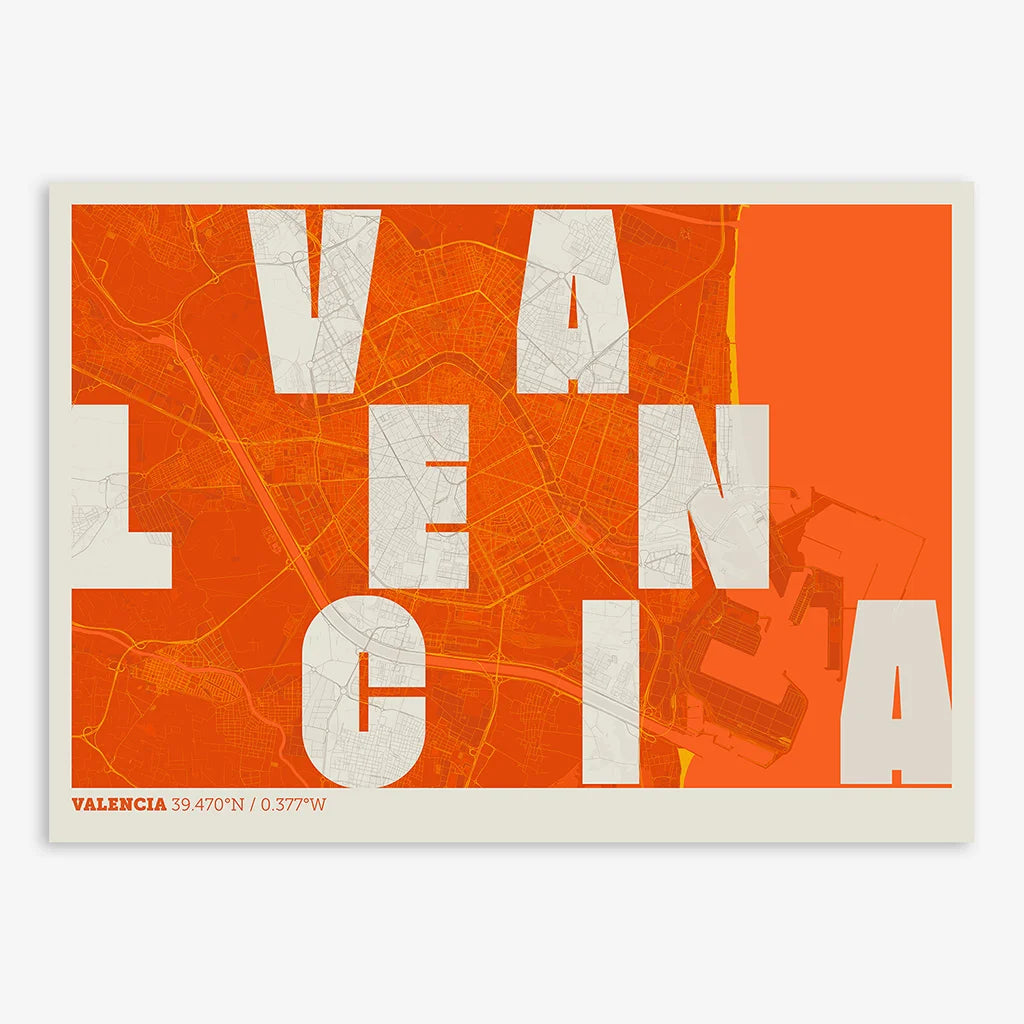 Decorative print of Valencia with letters of its name placed randomly, designed in orange and an off-white background